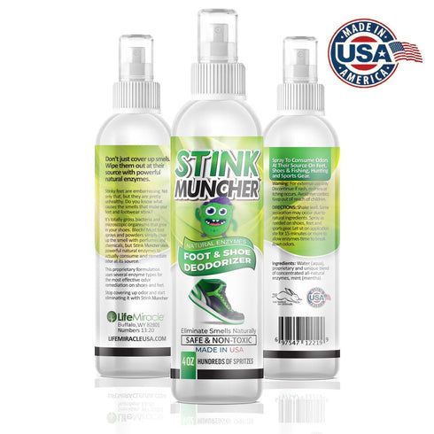 Stink Muncher Natural Enzyme Shoe Deodorizer Spray, Foot Odor Eliminator & Freshener, Made In the USA