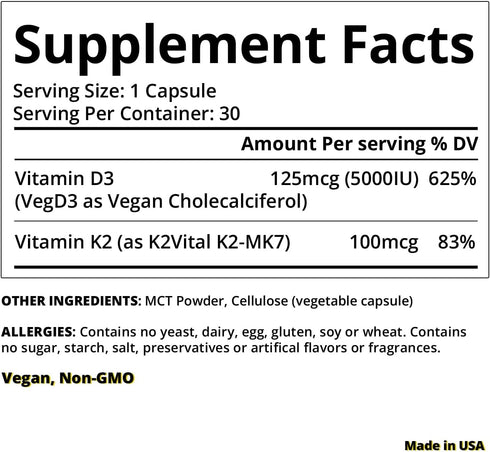 Vitamin D3 K2 with MCT, 5000 IU Vegan D3 & 100 mcg MK7 K2, Support Strong Bones and Immune Health - 30 Capsules (30 Days Supply)