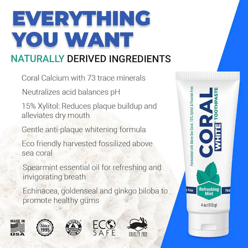 Coral White Mint Toothpaste, Natural Fluoride SLS Free, Coral Calcium Remineralizing, 4 Ounce