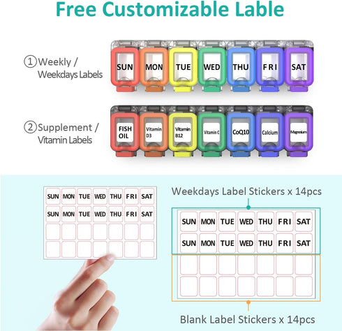 Fullicon Weekly Pill Organizer, 7 Day Moisture Proof Daily Pill Box, Compact Travel Container for Vitamins (Rainbow