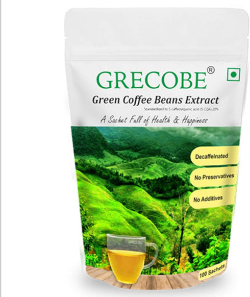 100% Pure Green Coffee Beans Extract, 50% Chlorogenic Acids, Decaffeinated, 100 Sachets