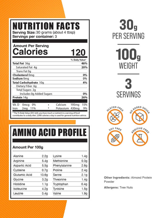 BulkSupplements.com Almond Protein Powder - Plant Based Protein, Flavorless Protein Powder, Almond Powder - Unflavored & Gluten Free, 30g per Serving, 100g (3.5 oz) (Pack of 1)