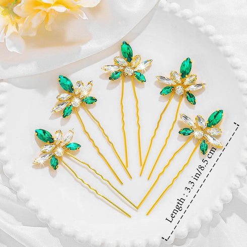 Yokawe Wedding Hair Pins, Gold Rhinestone Bridal Hairpin, Green Crystal Headpiece Hair Accessories for Women (Pack of 5)