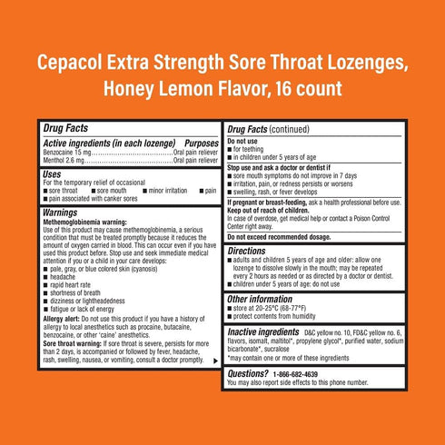 Cepacol Extra Strength Sore Throat Relief Lozenges, Honey Lemon Cough Drops, 16 Count