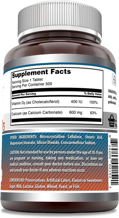 Amazing Formulas Calcium with Vitamin D3 500 Tablets Supplement | Non-GMO | Gluten Free | Made in USA