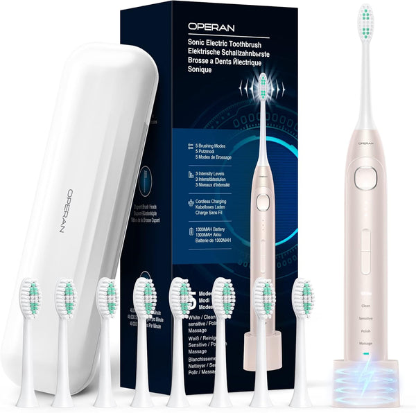 Operan Electric Toothbrush for Adults and Kids, Rechargeable Sonic Toothbrush, 5 Modes, 8 Brush Heads, Champagne