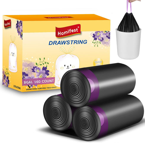 8 Gallon Drawstring Trash Bags, 30 Liter Black Garbage Bags, 160 Count