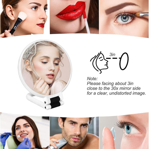 30x Magnifying Travel Mirror, Handheld Double Side Mirror with 1X 30X Magnification & Adjustable Handle for Makeup