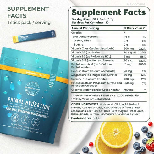 Primal Harvest Electrolytes Powder Packets - Easy Open Hydration Drink Mix (Lemon Berry, 30 Packs)