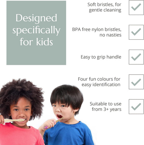 Wild & Stone Organic Children's Bamboo Toothbrush - 4 Pack, Soft Fibre Bristles, 100% Biodegradable Handle