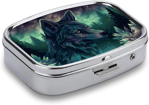 NWTRJ 2 Forest Wolf Pill Box Compartment Pill Case Portable Pocket Pill Organizer Medicine Vitamin Organizer for Men