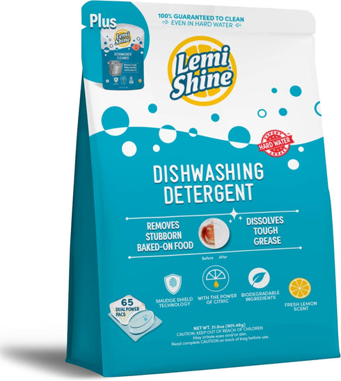 Lemi Shine Natural Dishwasher Pods, Eco-Friendly All-In-One Powder & Gel Detergent Pods with Powerful Citric Acid