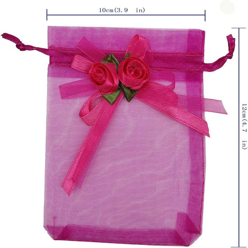 50pcs Sheer Organza Favor Bags for Wedding, 3.8x4.8'' Gift Bags with Drawstring, Hot Pink
