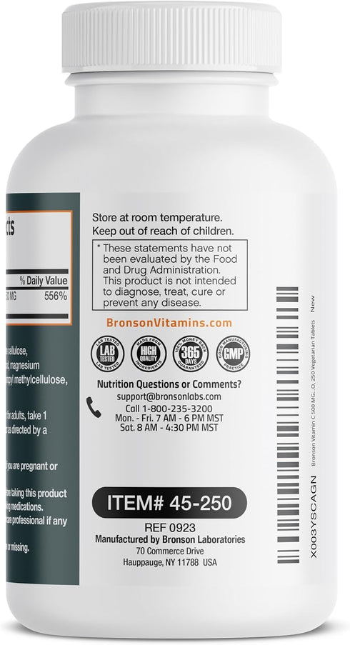 Bronson Vitamin C 500 MG, Supports Immune System & Antioxidant Protection, 250 Vegetarian Tablets