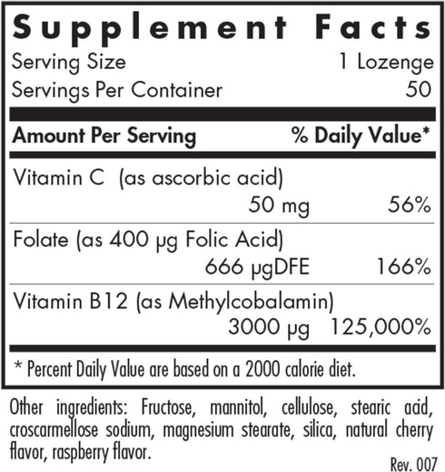 Allergy Research Group B12 Methylcobalamin Supplement - Vitamin B12 and Folate, with 400mcg Folic Acid, Pure, Vegetarian Lozenges - 50 Count