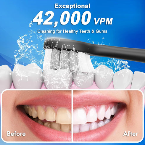 Sonic Electric Toothbrush for Adults and Kids, 10 Brush Heads, Travel Case, 15 Modes, 42,000 VPM Motor, 90 Days Charge