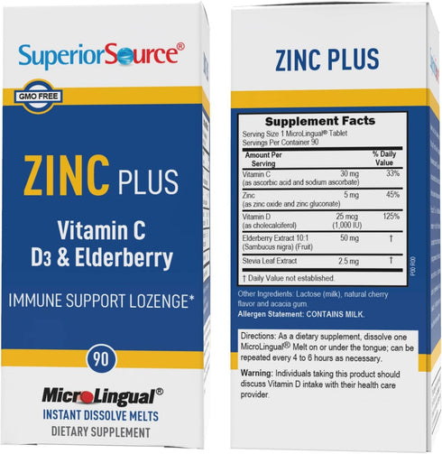 Superior Source Zinc Plus Lozenges with Vitamin C (30 mg), D3 (1,000 IU), Elderberry Extract, 90 Ct, Immune System