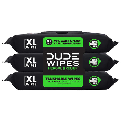 DUDE Wipes Flushable Wipes, 3 Pack of 144 Extra-Large Herbal Relief Wet Wipes, Septic Safe Butt Wipes for Adults