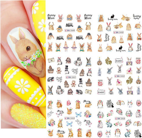 12 Sheets Rabbit Nail Stickers, Animal Water Transfer Nail Decals, Holographic Art Sticker for Women Girls