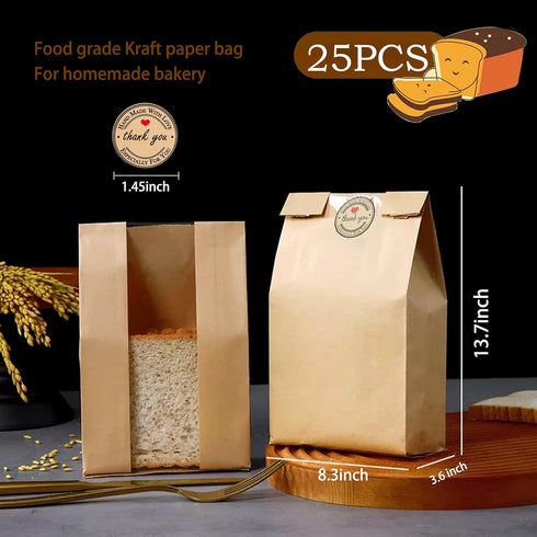 WOFEIS 25 13.7x8.3x3.6 inch(25) Pcs Large Paper Bread Bags for Homemade Bread, Kraft Paper Bakery Bags with Clear