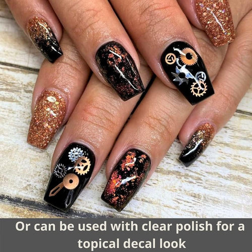 Steam Punk Encapsulated Nail Art Gear Cogs Charms, 100 Pieces, Steampunk 3D Metal Decal Art in Rose Gold and Silver