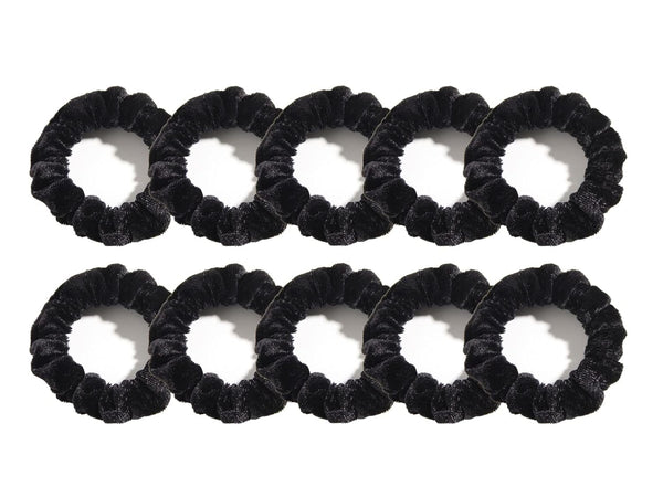 Pack of 10 Small Velvet Scrunchies - Mini Thin Elastic Hair Ties for Women Hair Accessories (Black)