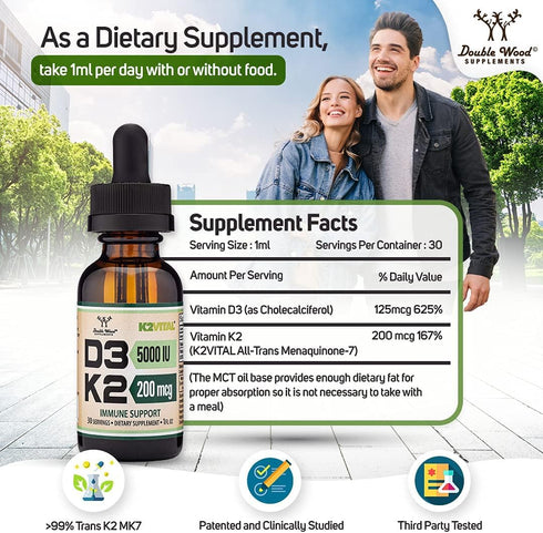 Vitamin D3 K2 5,000 IU Liquid Drops (5,000 IU D3 and 200mcg K2 MK-7) Max Absorption Liquid Vitamin Drops (30 Servings)