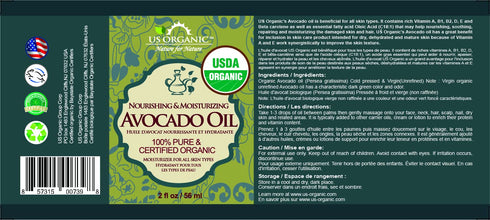 US Organic Avocado Oil Unrefined Virgin, 100% Pure & Natural, Cold Pressed, USDA Certified Organic in Amber Glass