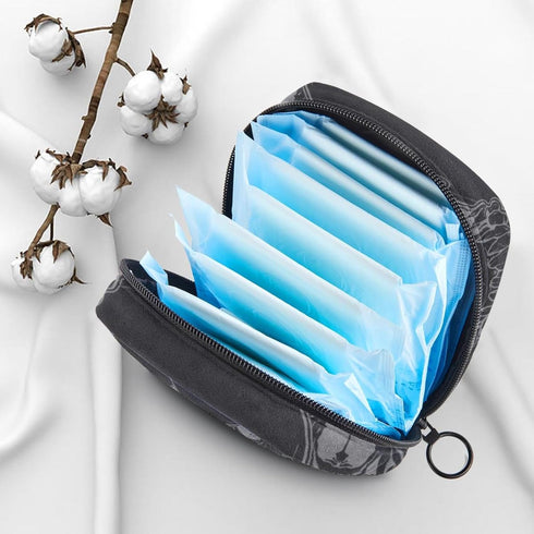 MUOOUM Sanitary Napkin Storage Bag, Cool Skull Pattern Menstrual Cup Pouch, Portable Sanitary Napkin Pads Storage Bags