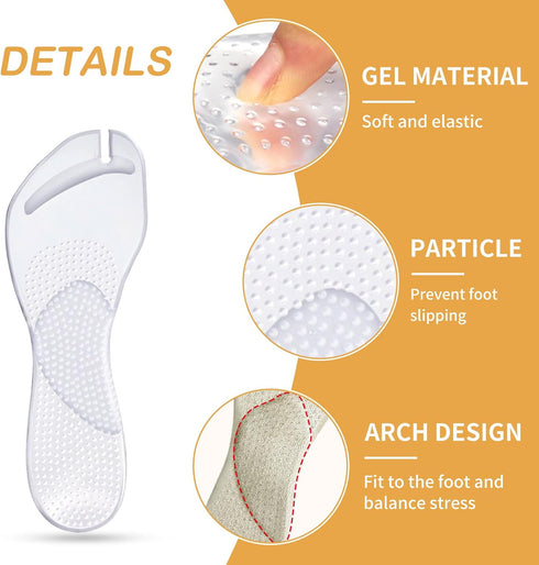 2 Pairs Adhesive Gel Arch Support Cushion Insoles, Invisible Slim Inserts for Pain Relief, Anti-Slip Shock Absorption