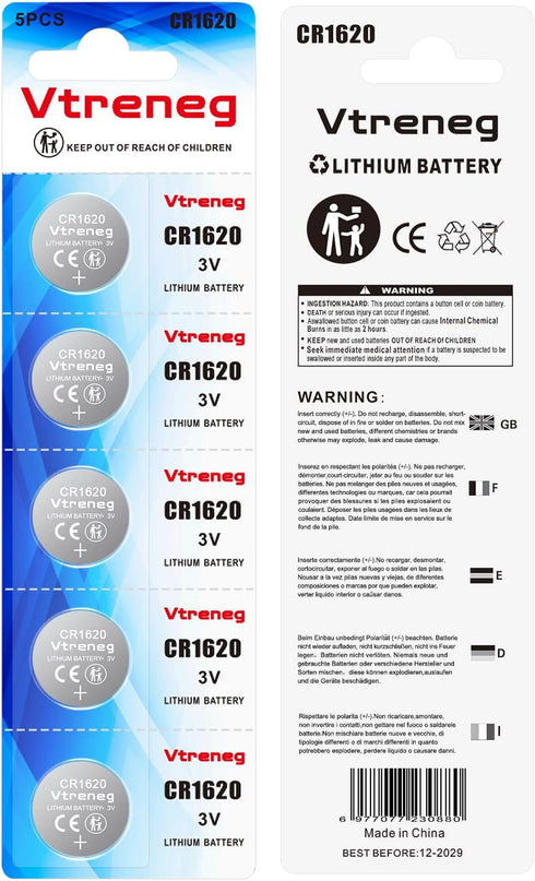 Vtreneg 5 Pack CR1620 1620 3V Battery, Lithium Battery for Key Fob Watch Car Remote