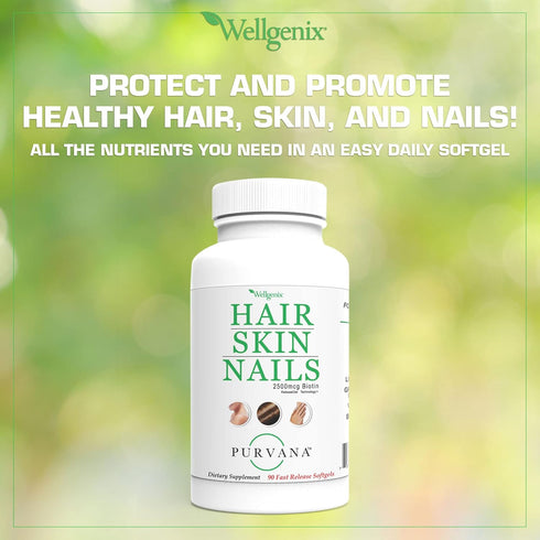 Wellgenix Purvana Hair, Skin, and Nails, One a Day Softgel, 2500mcg Biotin, 90 Count, Anti Aging & Hair Growth