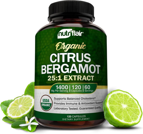 NutriFlair Organic Citrus Bergamot 1400mg, 120 Capsules - Natural Heart Health Supplements, Non-GMO