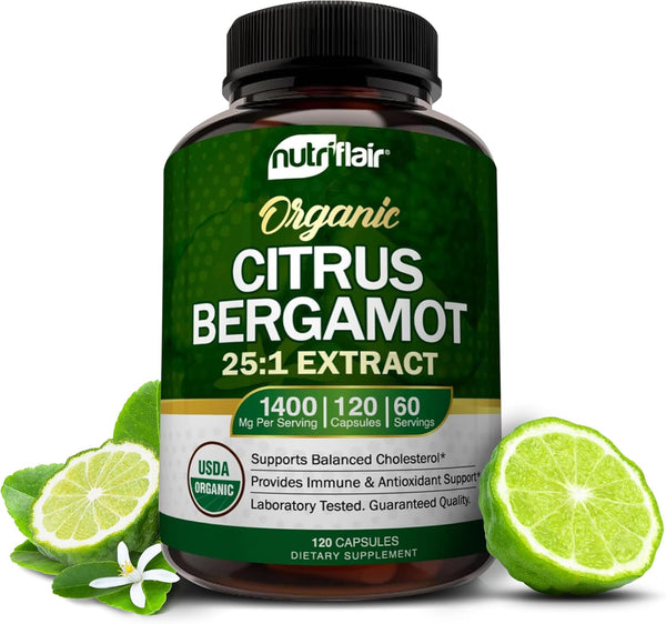 NutriFlair Organic Citrus Bergamot 1400mg, 120 Capsules - Natural Heart Health Supplements, Non-GMO