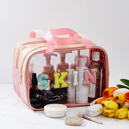 Chenille Letter Bag Nylon Makeup Bag Portable Bag Makeup Cases Preppy Patch Makeup Bag with Zipper Cosmetic Toiletry Storage Bag for Women Girls (Pink,Delicate Style)