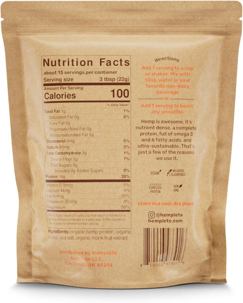 Hemp Vegan Protein Powder - Easy to Digest Chocolate Drink for Heart & Brain Health, 10 oz