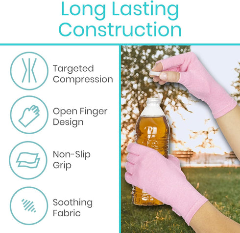 Vive Pink Arthritis Hand Compression Gloves - Comfortable Fit for Men and Women, Open Finger for Pain Relief