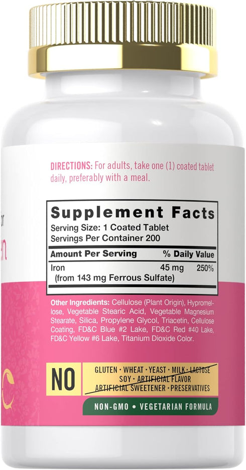 Carlyle Iron Pills for Women | 45mg | 200 Slow Release Tablets | Vegetarian, Non-GMO, Gluten Free Supplement