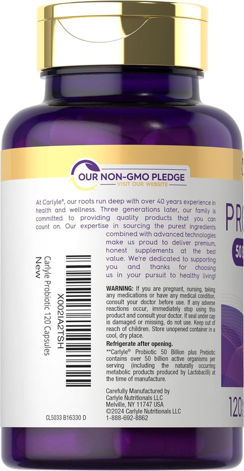 Carlyle Probiotics with Prebiotics, 120 Capsules, 50 Billion Active Organisms, Non-GMO & Gluten Free