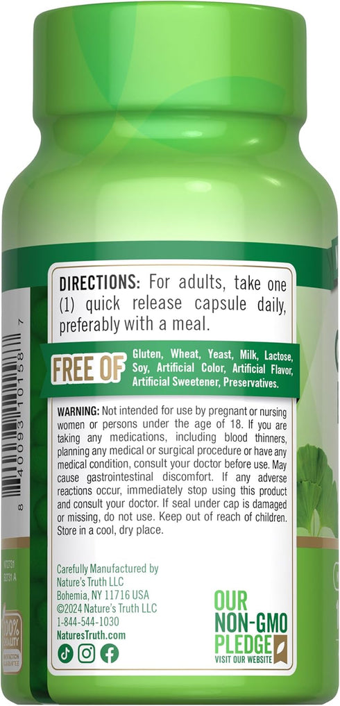 Ginkgo Biloba 120mg Plus Bacopa - 100 Quick Release Capsules, Standardized Extract, Non-GMO & Gluten Free Supplement