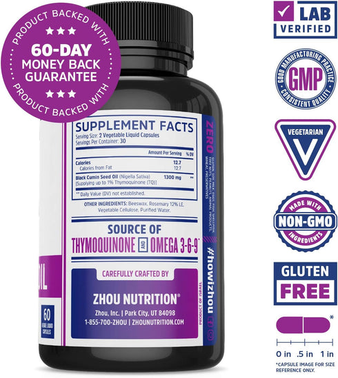 Zhou Nutrition Black Seed Oil Capsules, 100% Virgin, Cold Pressed Source of Omega 3 6 9, Super Antioxidant for Immune Support, Joints, Digestion, Hair & Skin, 60 Caps