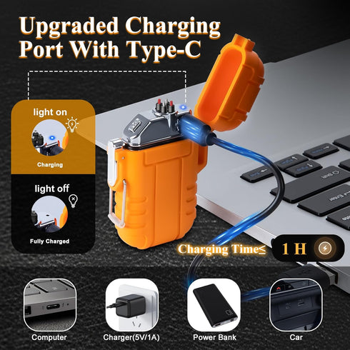 LcFun Electric Lighter - USB C Rechargeable, Windproof Waterproof Flameless Dual Arc Plasma Lighter with Lanyard