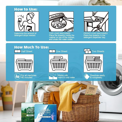 Scent-(60 30 AIDEA Laundry Detergent Sheets, Fresh Linen Loads) Sheets, Eco-Friendly Laundry Detergent, No Plastic Jug