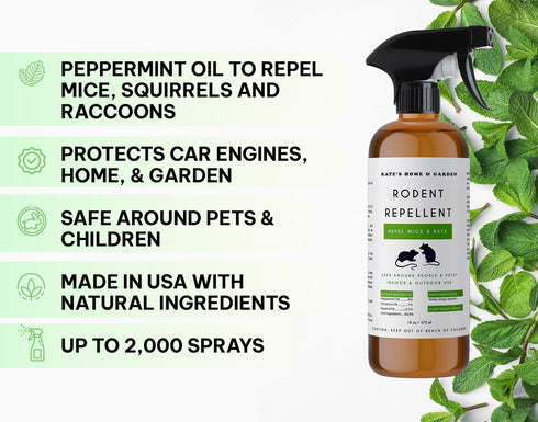 Kate Naturals Peppermint Oil Spray for Rodents, Mice, Raccoon, Bat and Squirrels. Rodent Repellent Indoor, Car Engines & Outdoor (16oz, Non Toxic)