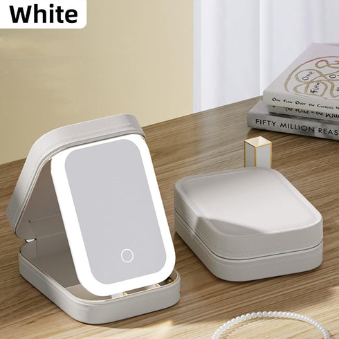 LED Three-Color Adjustable Makeup Mirror, Portable Rechargeable Organizer with Lights, Waterproof Jewelry Box