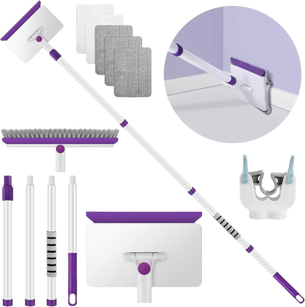 Baseboard Cleaner Tool with Handle, 60" Extendable Long Handle Cleaner with 5 Reusable Pads for Baseboards and Walls