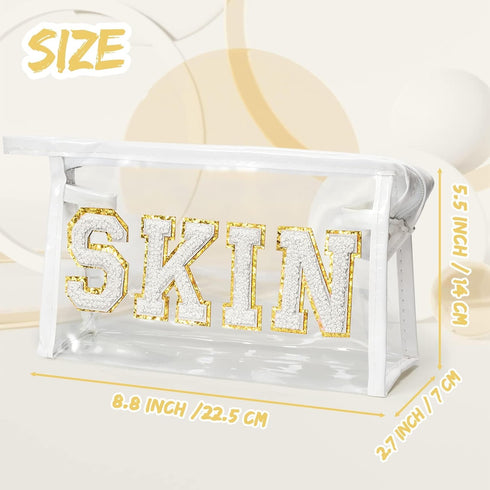 Preppy Patch SKIN Fall Bag Varsity Letter Cosmetic Toiletry Bag Aesthetic Waterproof Cosmetic Case Use Clutch Purse Clear PVC Multi-Function Zippered Pouch Travel for Women Girls Party Gifts