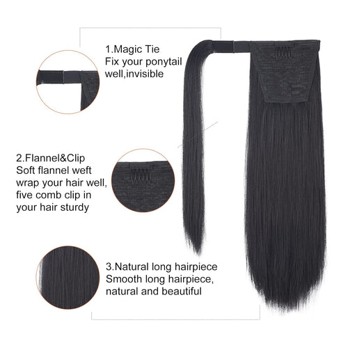 SEIKEA Clip in Ponytail Extension Wrap Around Straight Hair for Women (16'', Black)