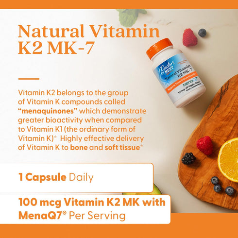 K2 MK7 100 K-2 MK-7 MenaQ7, 60 Doctor's Best Natural Vitamin Supplement for Men & Women - Bone Health Support, mcg