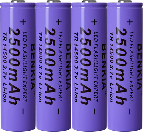 14500 Rechargeable Battery 2500mAh 3.7V High Capacity Lithium Button Top 4 Pack for Flashlight Headlamp